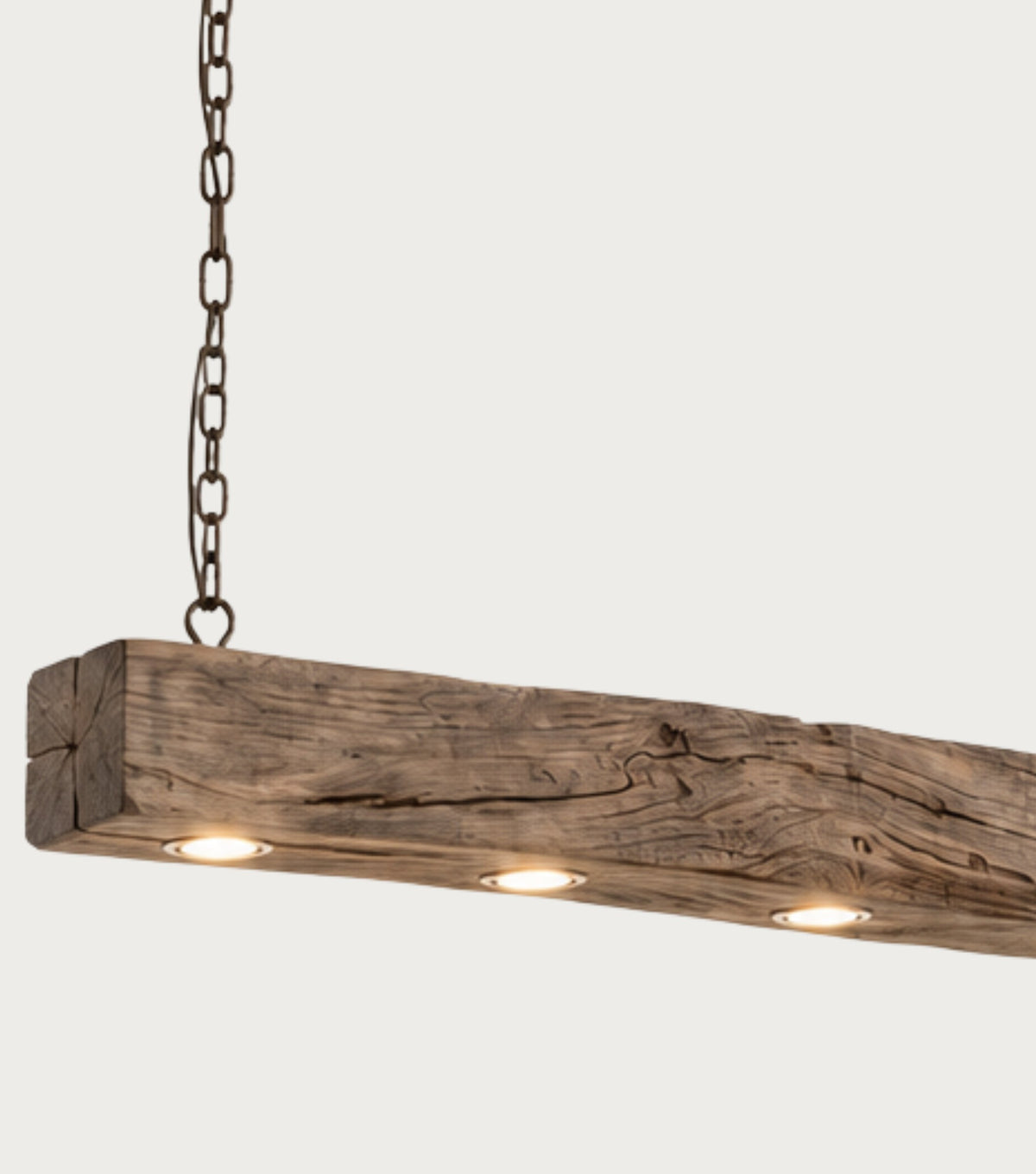 Lumen Reclaimed Chestnut Beam Pendant Light – detail of the chain and spotlights