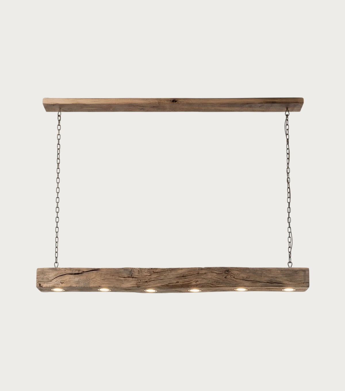 Lumen Reclaimed Chestnut Beam Pendant Light – front view with ceiling beam and chains