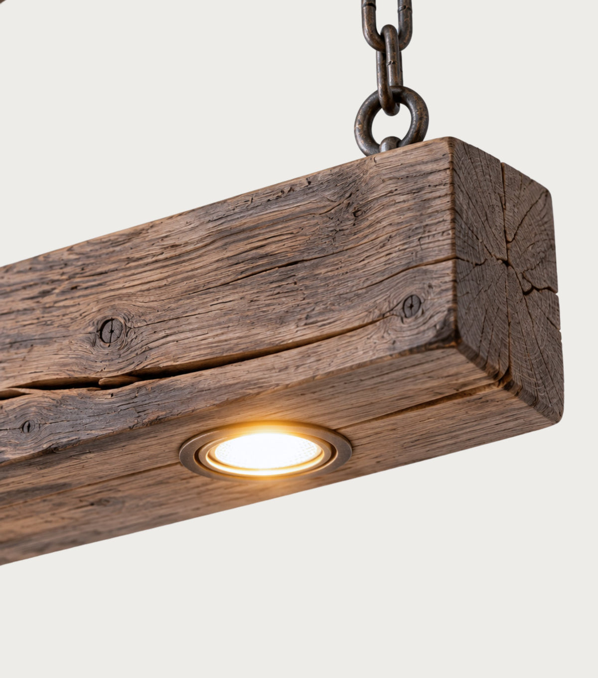 Lumen Reclaimed Chestnut Beam Pendant Light – close-up of a recessed spotlight
