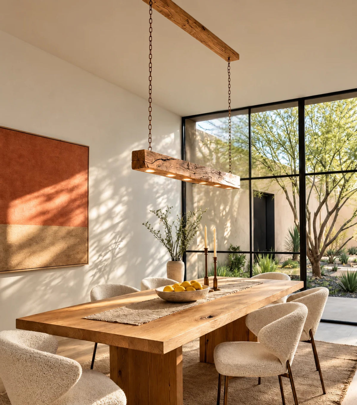 Lumen Reclaimed Chestnut Beam Pendant Light – above a dining table in a sunlit room