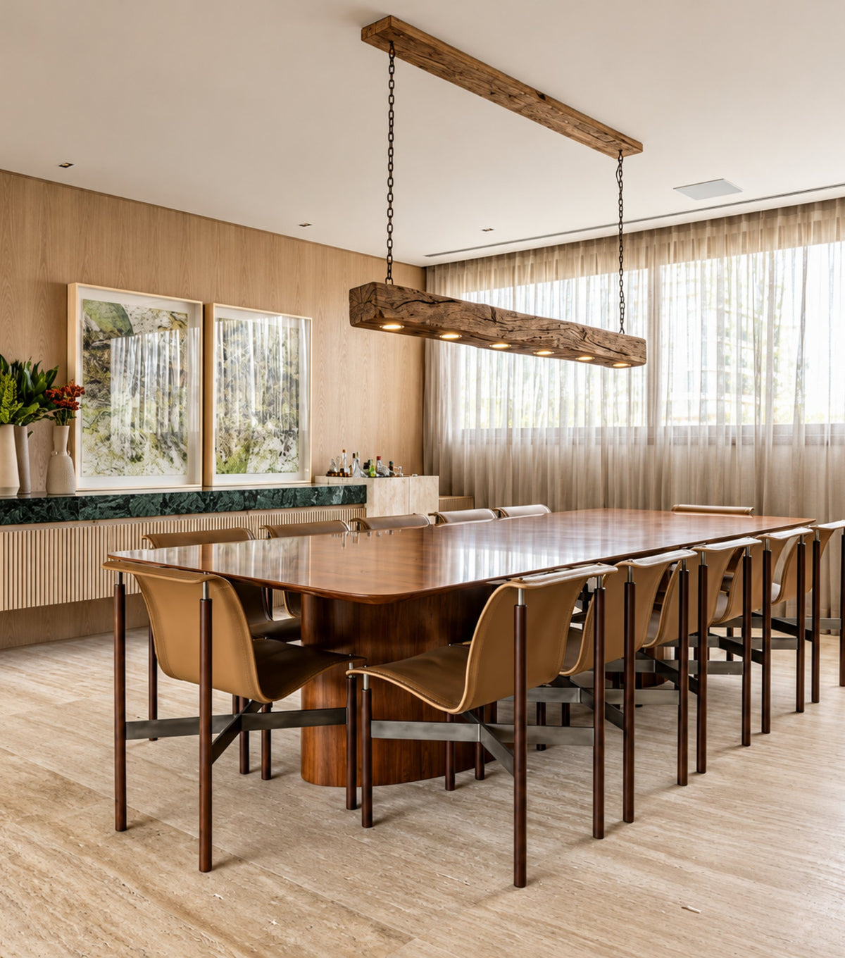 Lumen Reclaimed Chestnut Beam Pendant Light – above a large table in a timber-panelled room