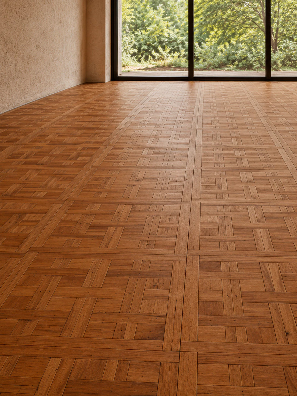 Chantilly reclaimed oak marquetry parquet floor laid in a room