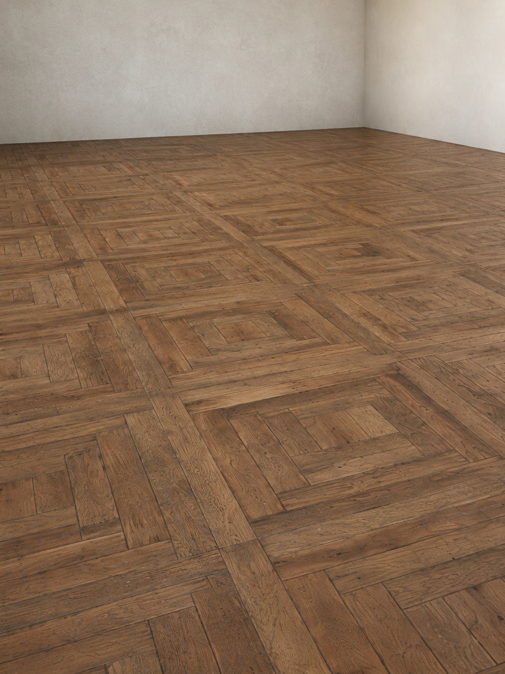 Square Frame reclaimed oak marquetry parquet floor laid in a room