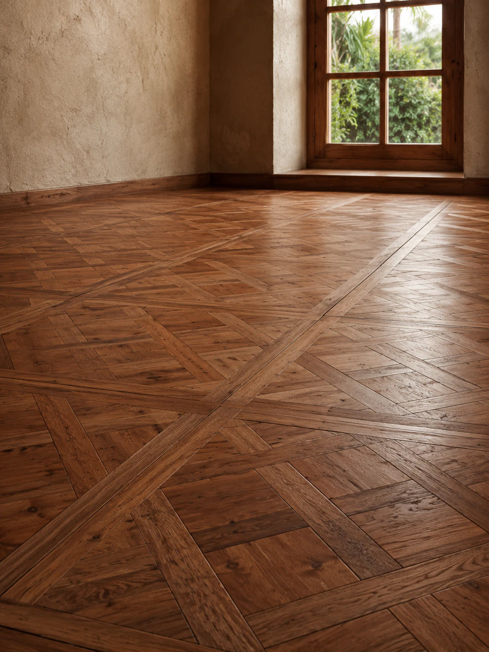 Versailles reclaimed oak marquetry parquet floor laid in a room