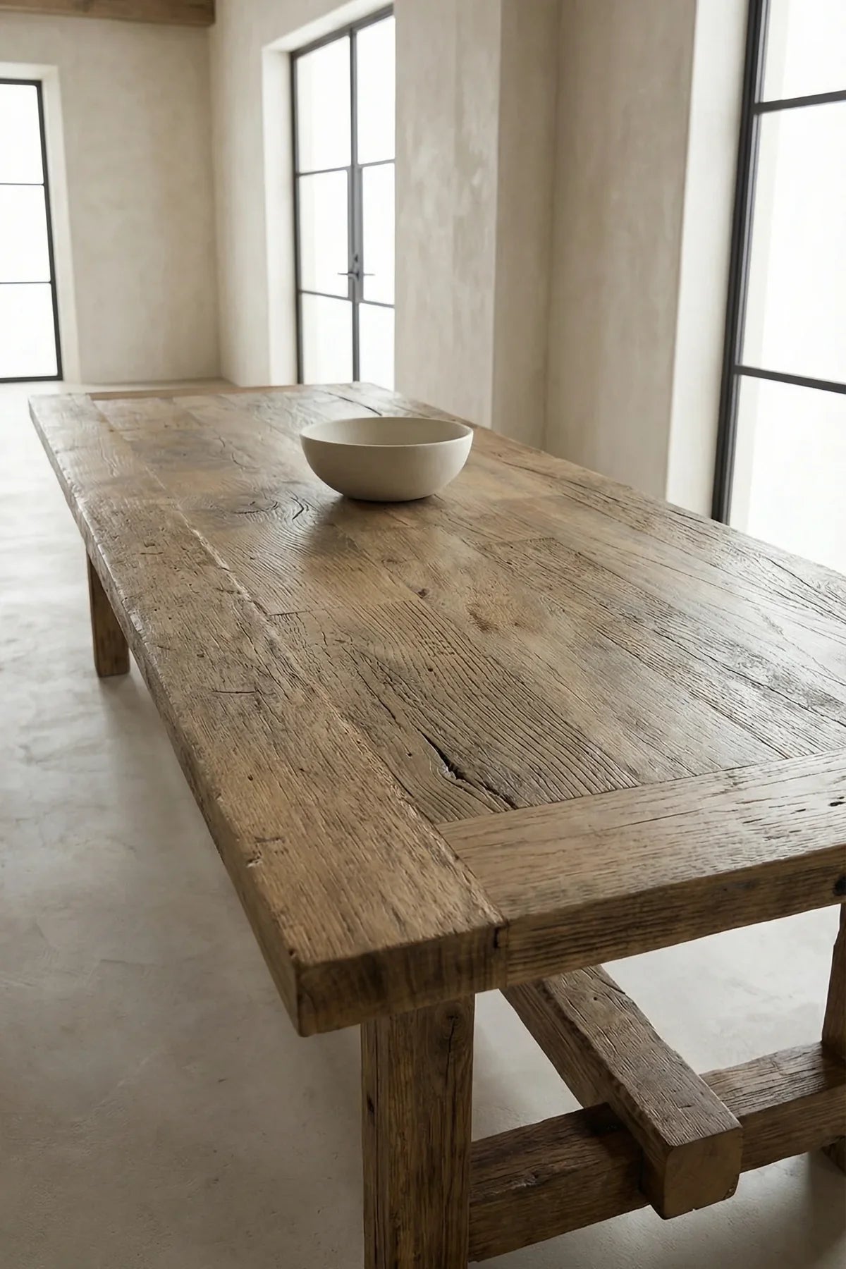 Matera dining table — three-quarter angle view showing brushed grain texture and leg construction