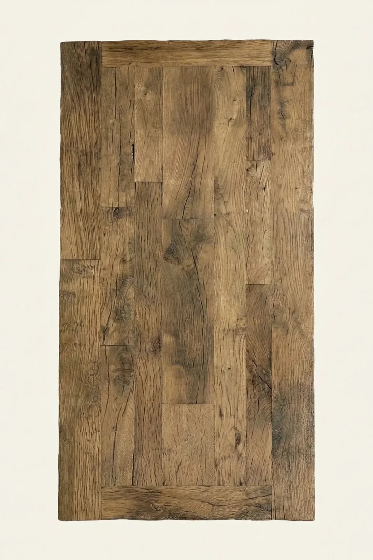 Close-up of Matera deep-brushed reclaimed oak tabletop surface showing open grain and natural knot detail