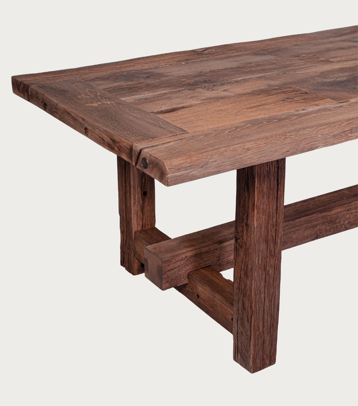 Matera Reclaimed Oak Dining Table – corner detail of the top and trestle