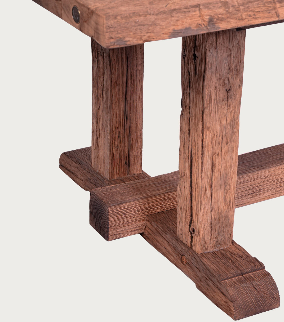 Mensa Reclaimed Oak Dining Table – detail of the trestle foot and stretcher