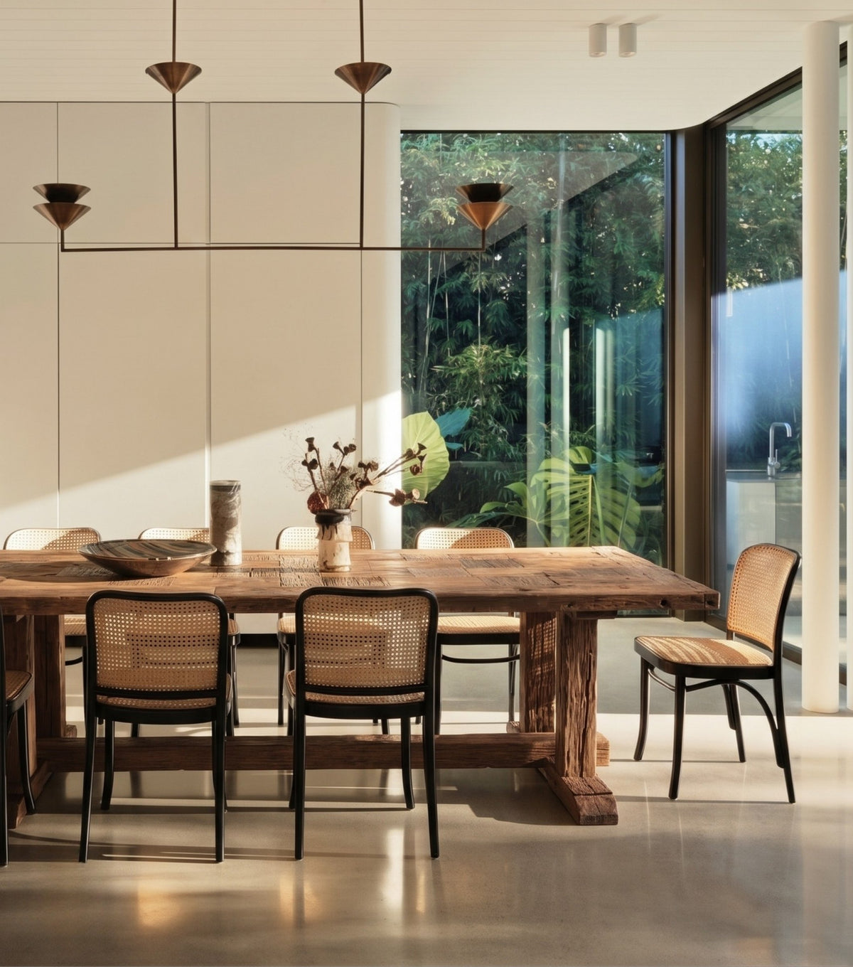 Mensa Reclaimed Oak Dining Table – with cane chairs in a modern kitchen