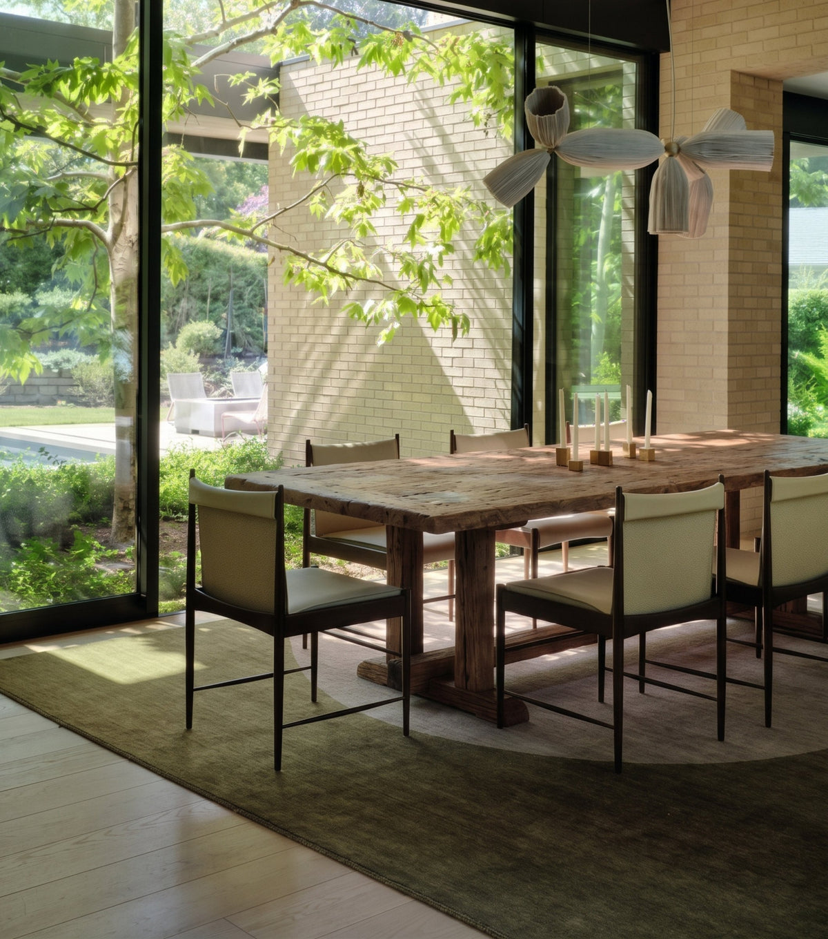 Mensa Reclaimed Oak Dining Table – in a dining room with a garden view