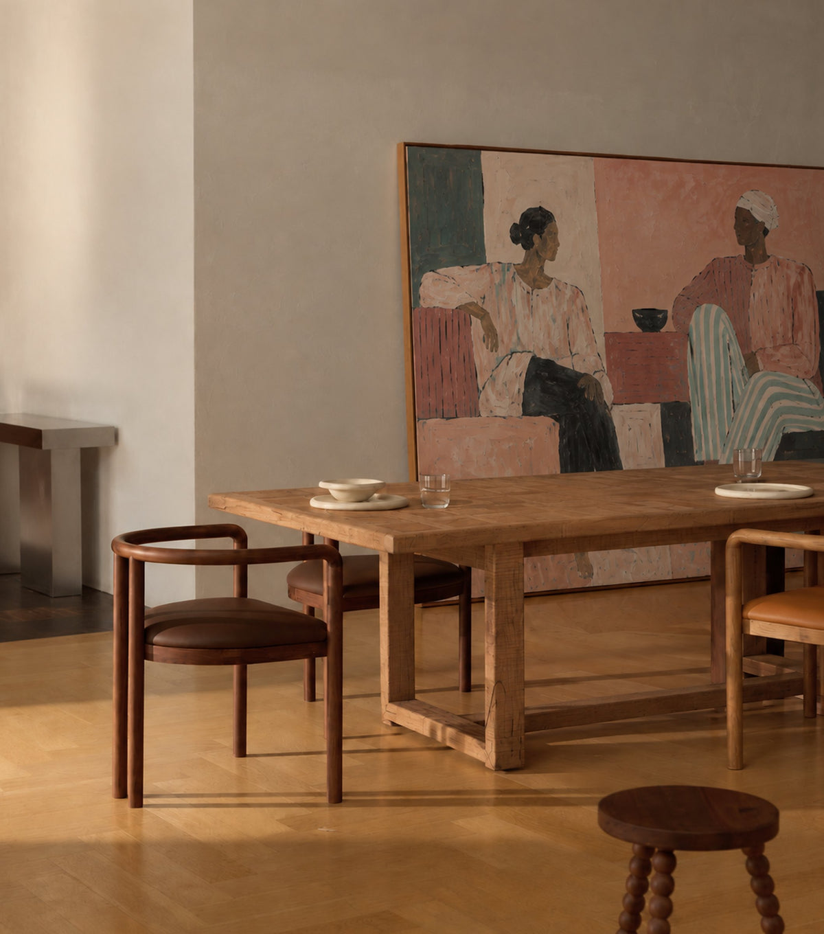 Mirador Reclaimed Oak Dining Table – in a dining room with figurative artwork