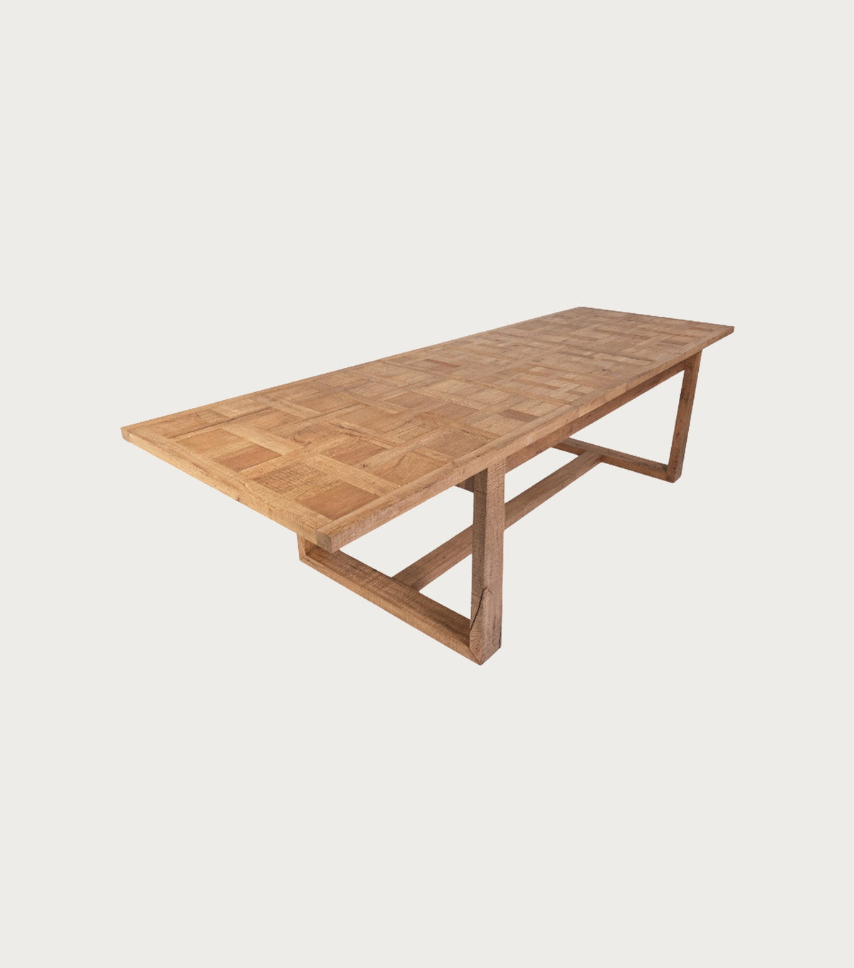 Mirador Reclaimed Oak Dining Table – three-quarter view of the parquet top