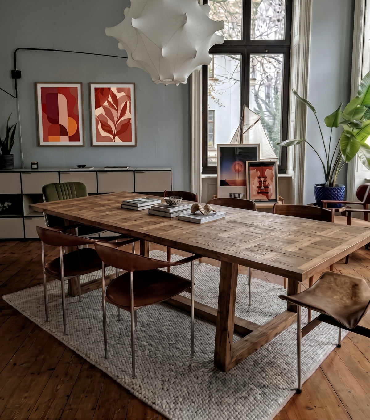 Mirador Reclaimed Oak Dining Table – fully extended in a dining room with a paper pendant