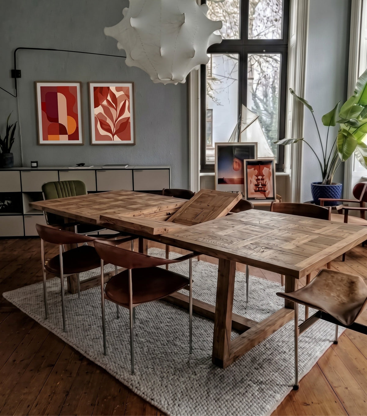 Mirador Reclaimed Oak Dining Table – with the extension leaf being opened