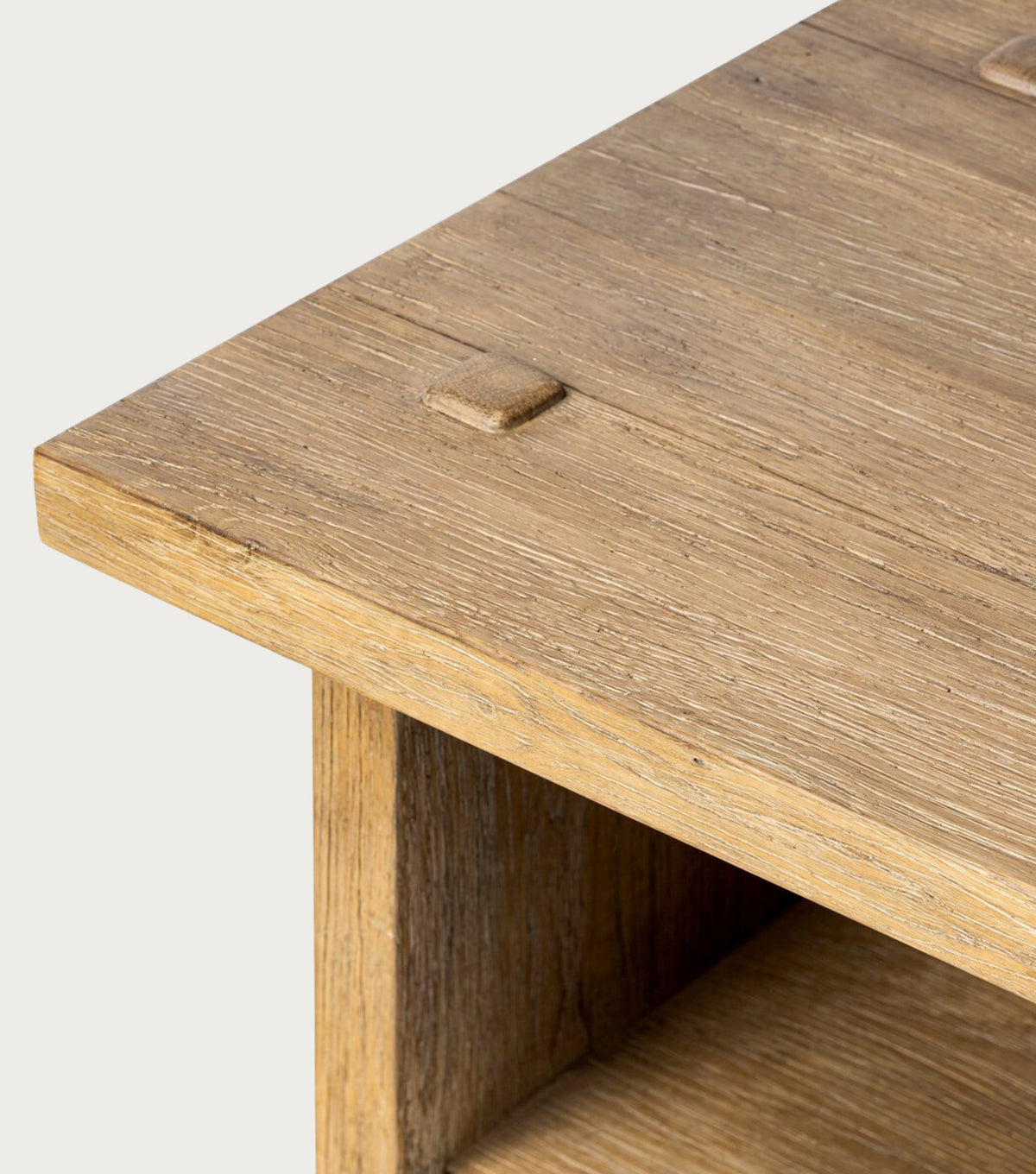 Mitra Reclaimed Oak Side Table – detail of the top corner