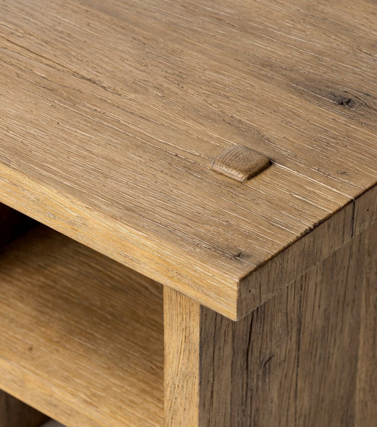 Mitra Reclaimed Oak Side Table – close-up of the top and shelf