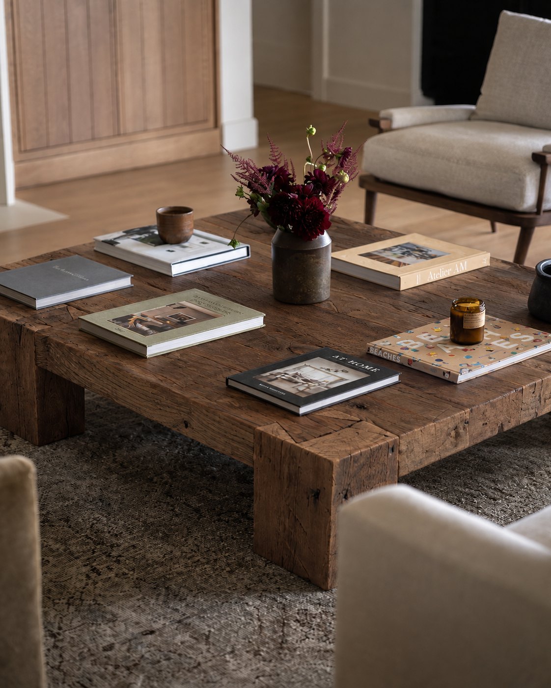 Monastery Reclaimed Oak Coffee Table – in a living room with books
