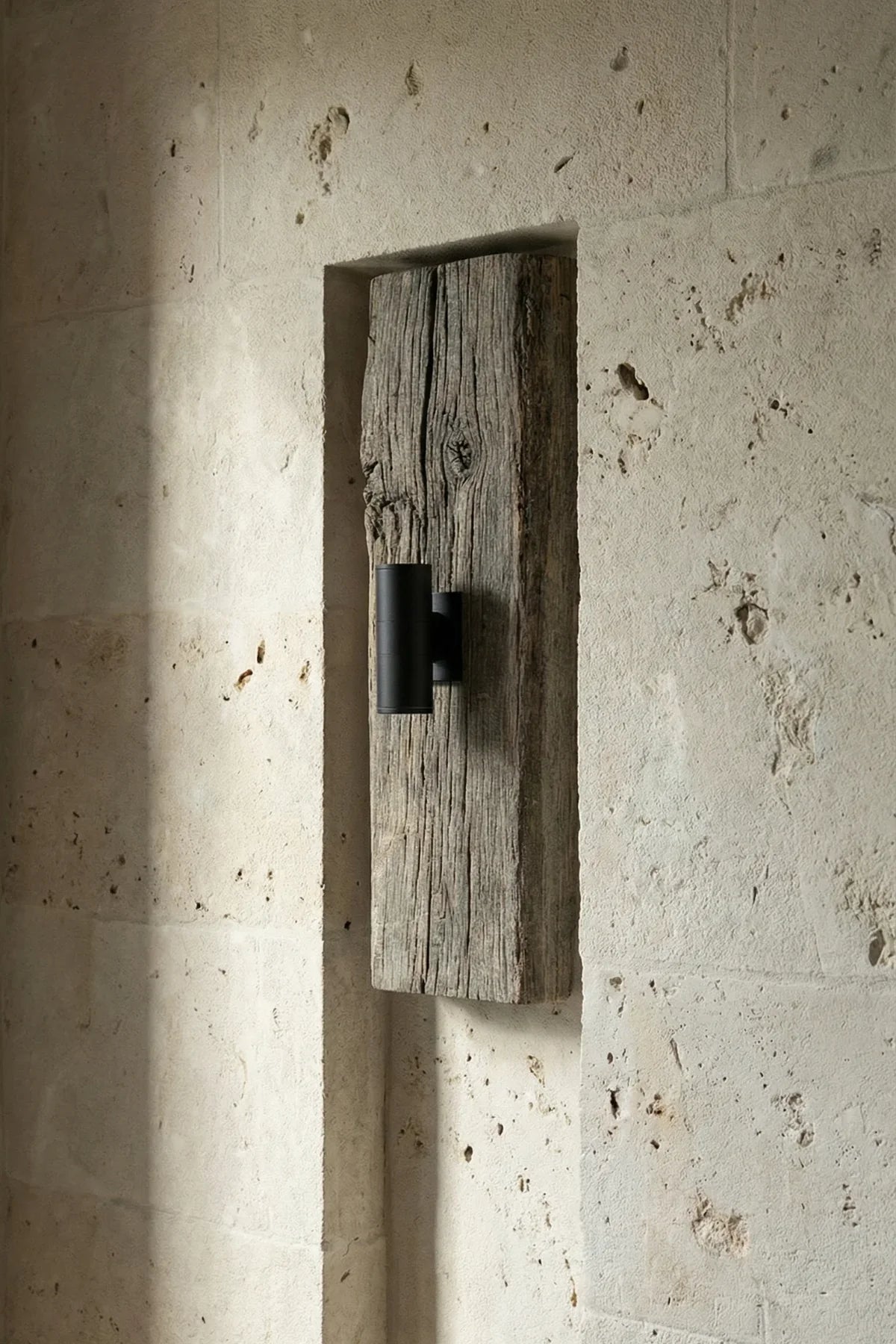 Pair of No.2 reclaimed oak wall lights installed either side of a bed
