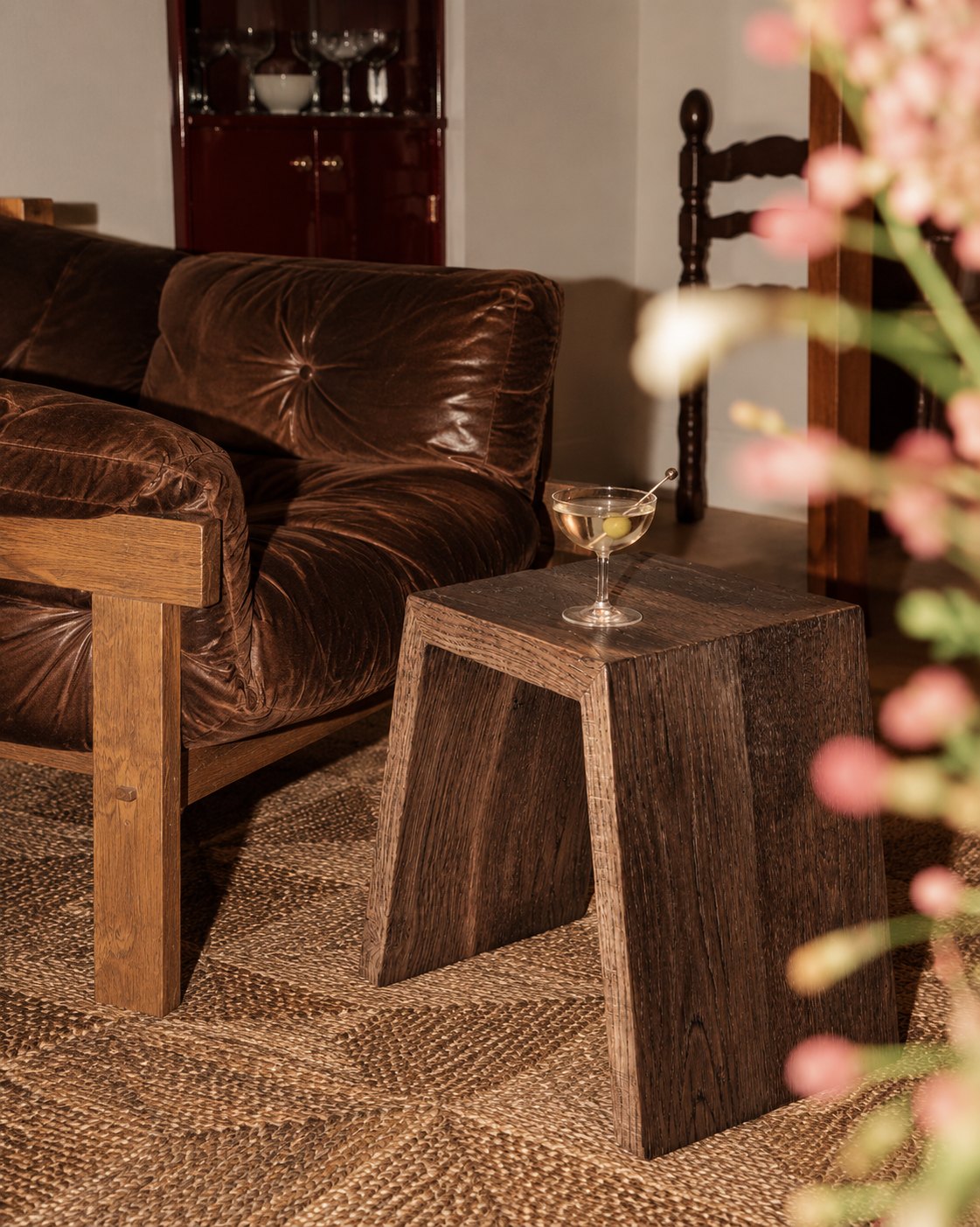 Nodus Reclaimed Oak Side Table – beside a leather sofa