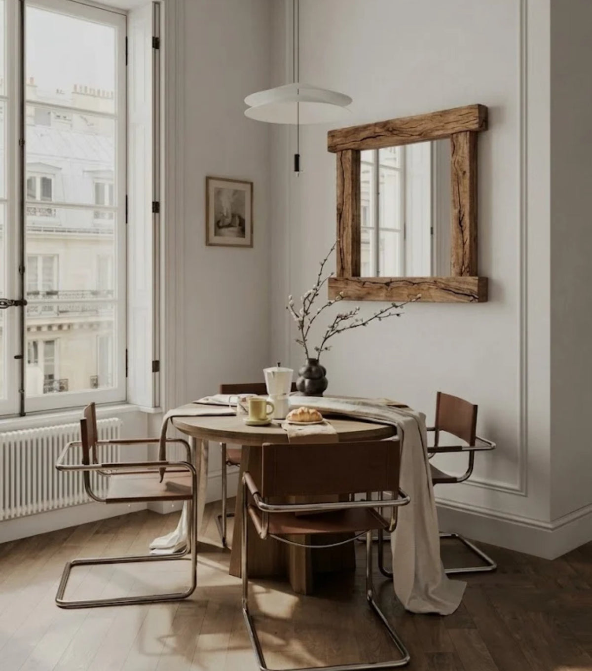 Nova Reclaimed Oak Mirror – in a dining room with cantilever chairs