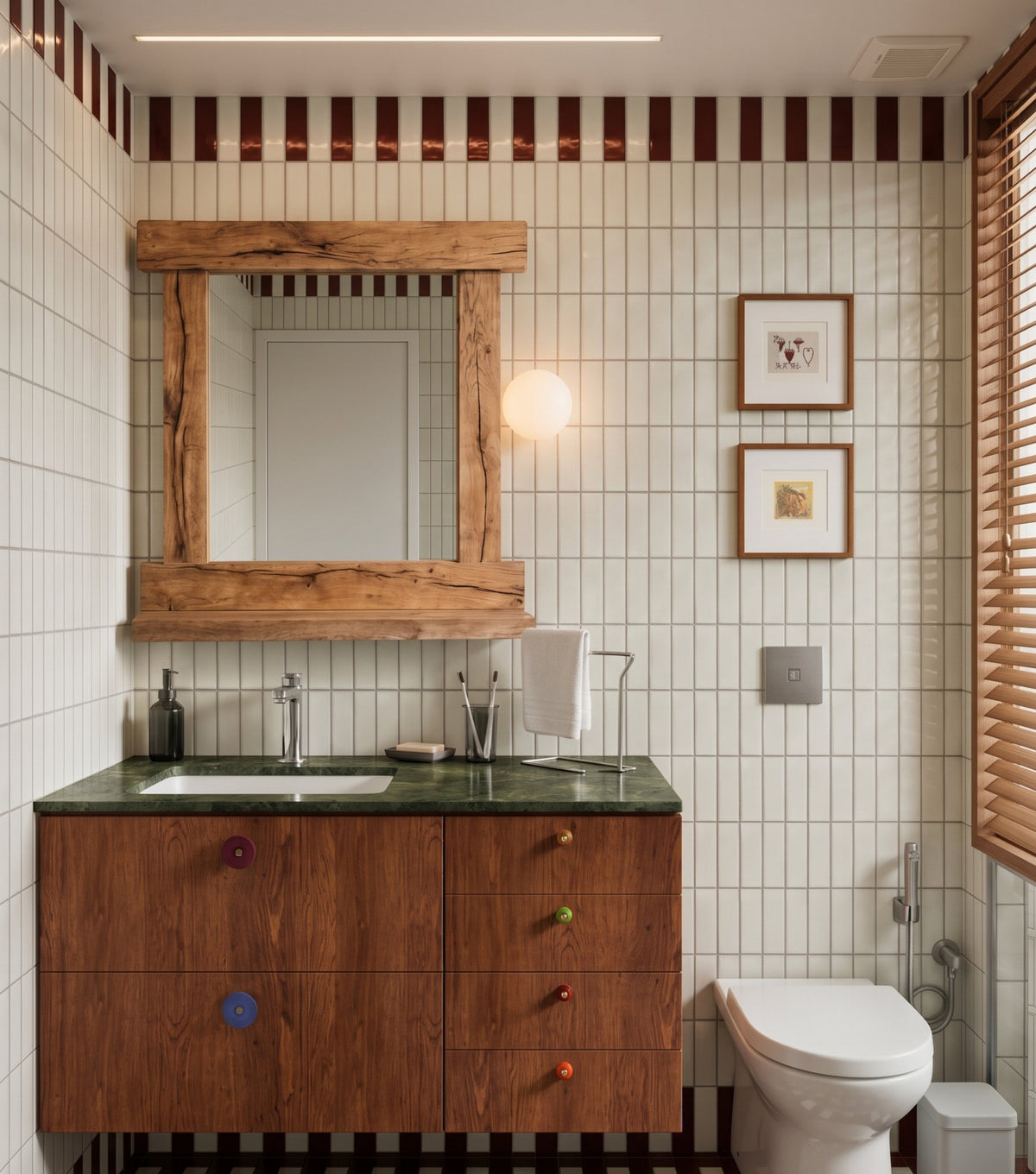 Nova Reclaimed Oak Mirror with Shelf – above a walnut vanity in a tiled bathroom