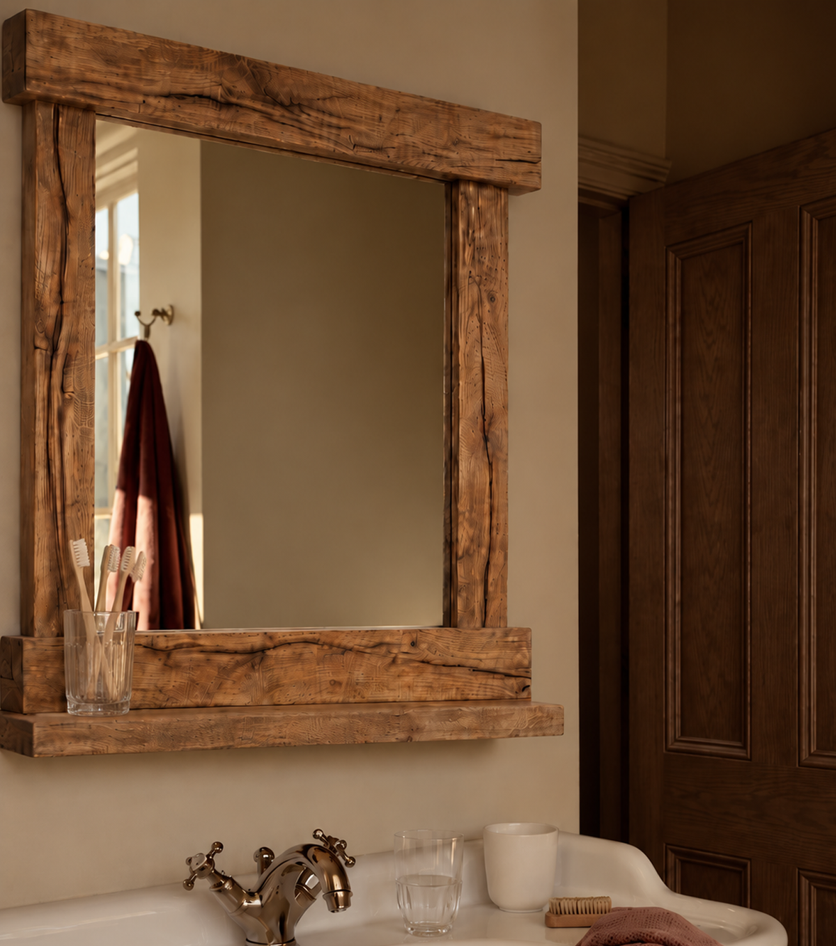 Nova Reclaimed Oak Mirror with Shelf – above a basin in a bathroom