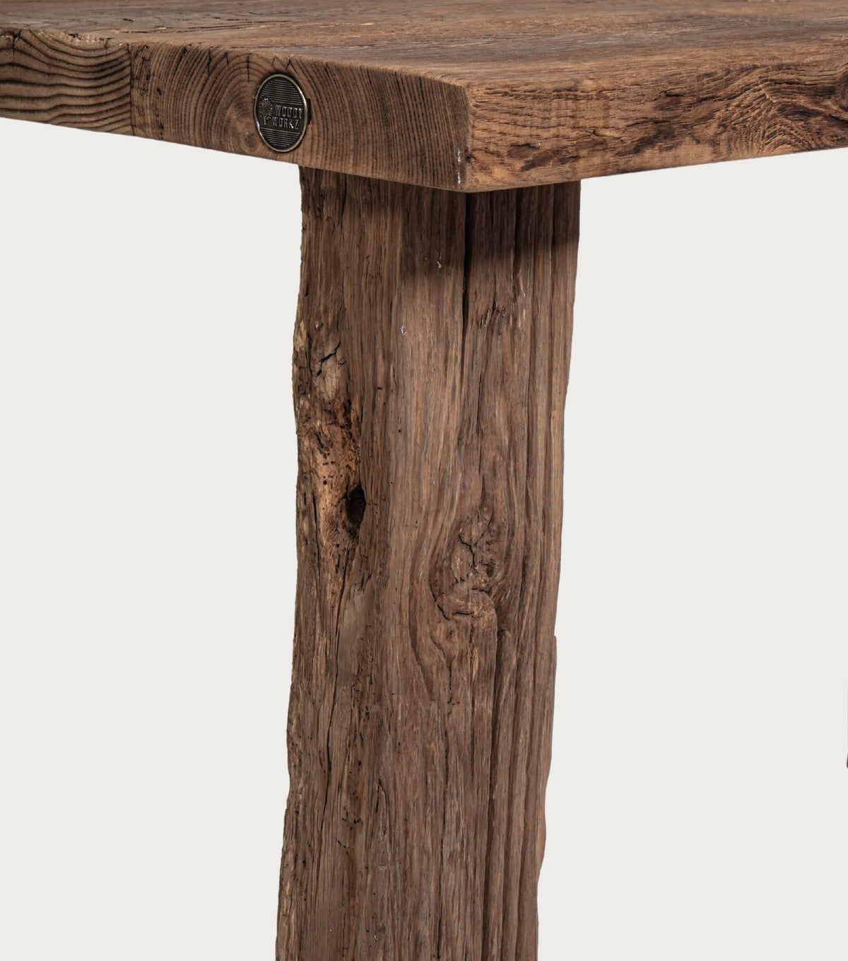 Ostia Reclaimed Oak Coffee Table – close-up of the leg grain and an original peg