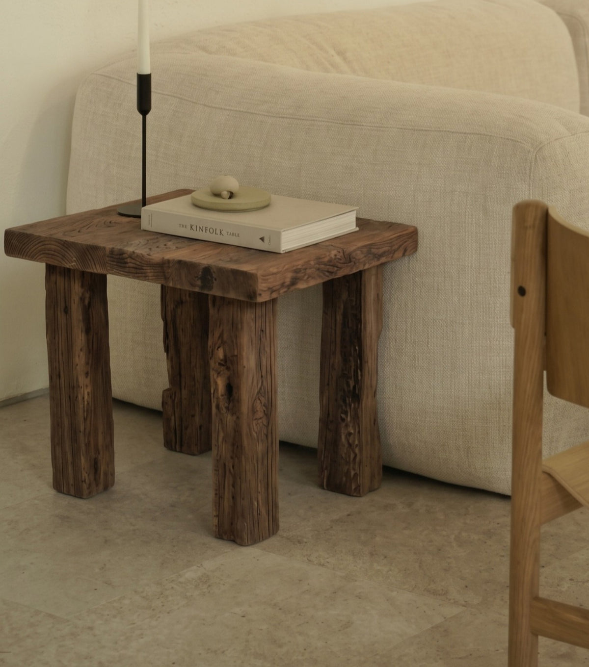 Ostia Reclaimed Oak Side Table – beside a linen sofa with a candlestick