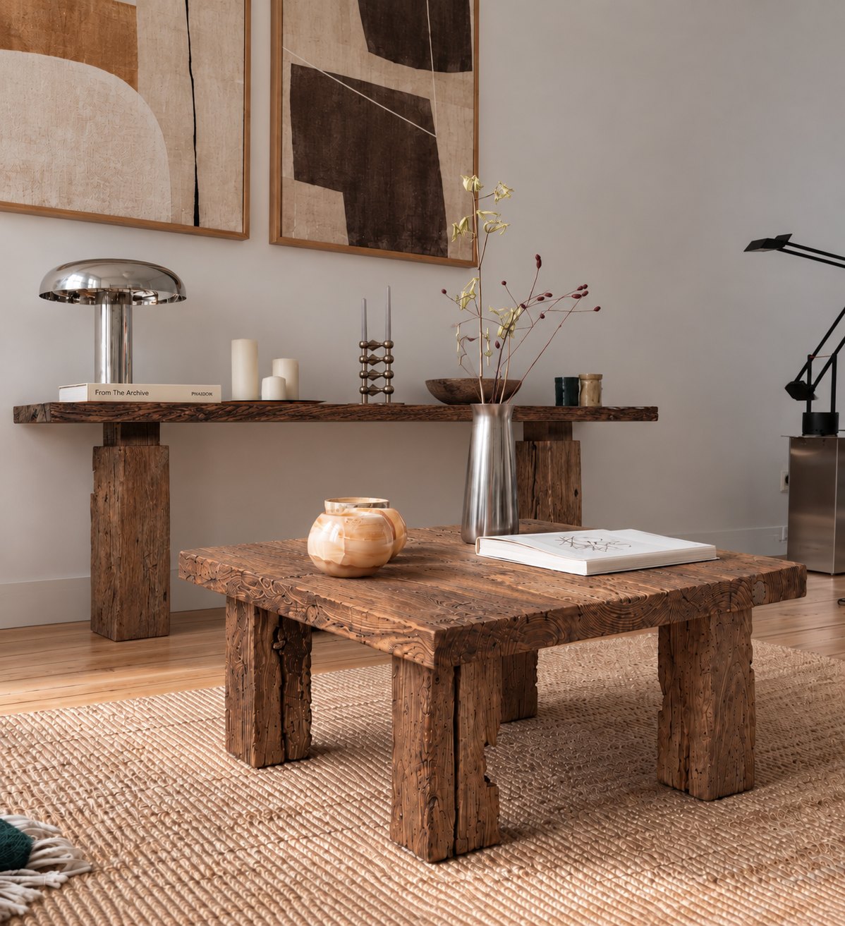 Ostia Reclaimed Oak Coffee Table – in a living room with abstract artwork