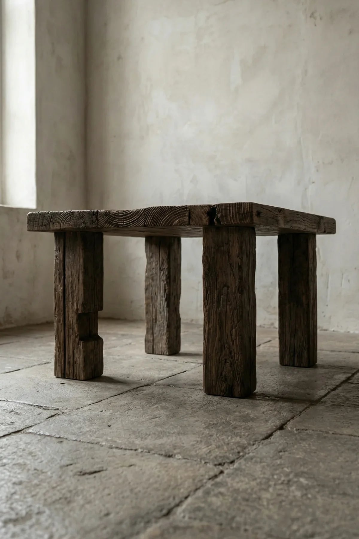 Ostia side table — three-quarter angle view showing thick block leg construction and reclaimed oak top