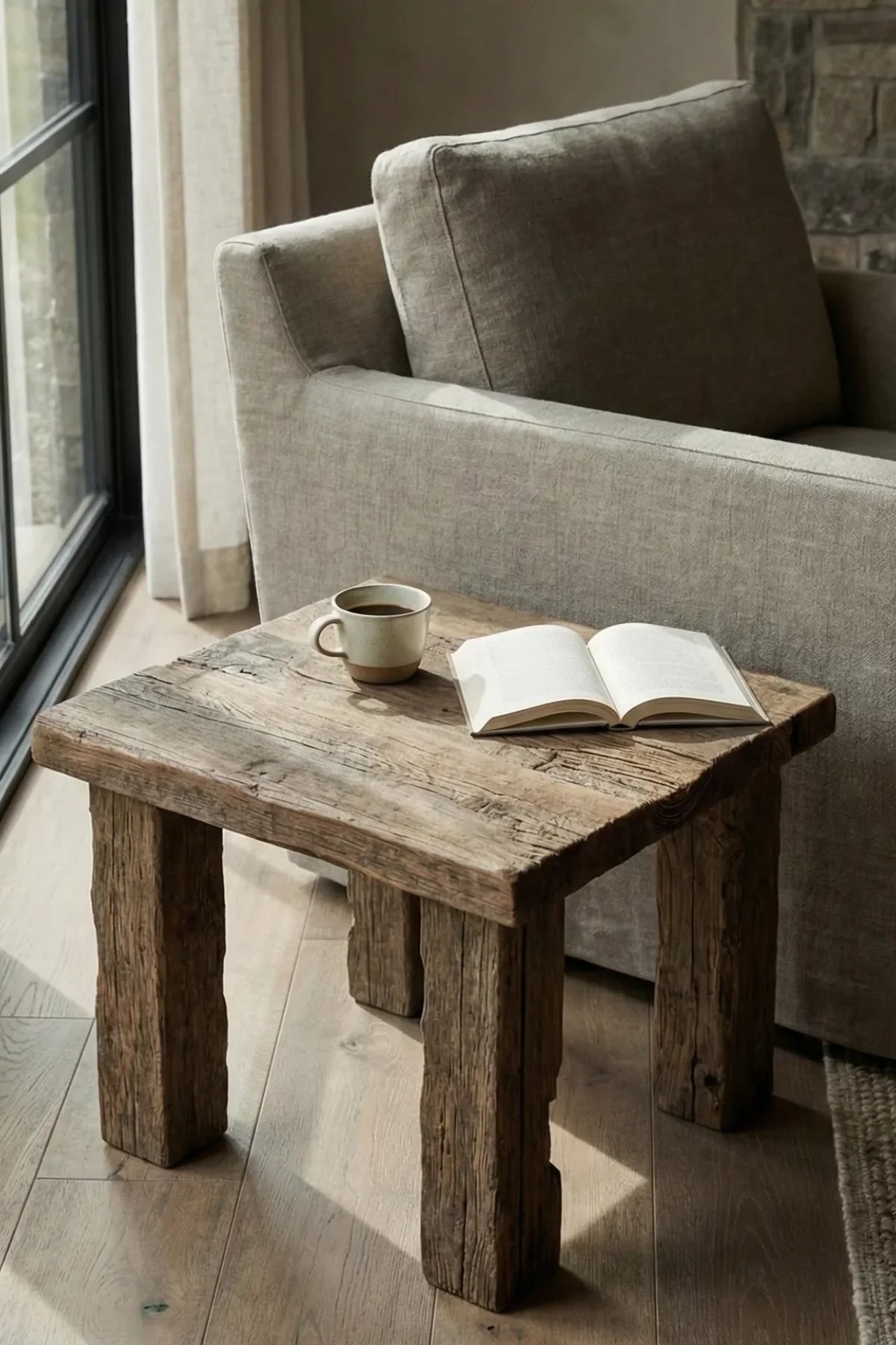 Low-angle view of the Ostia side table showing solid block leg proportions