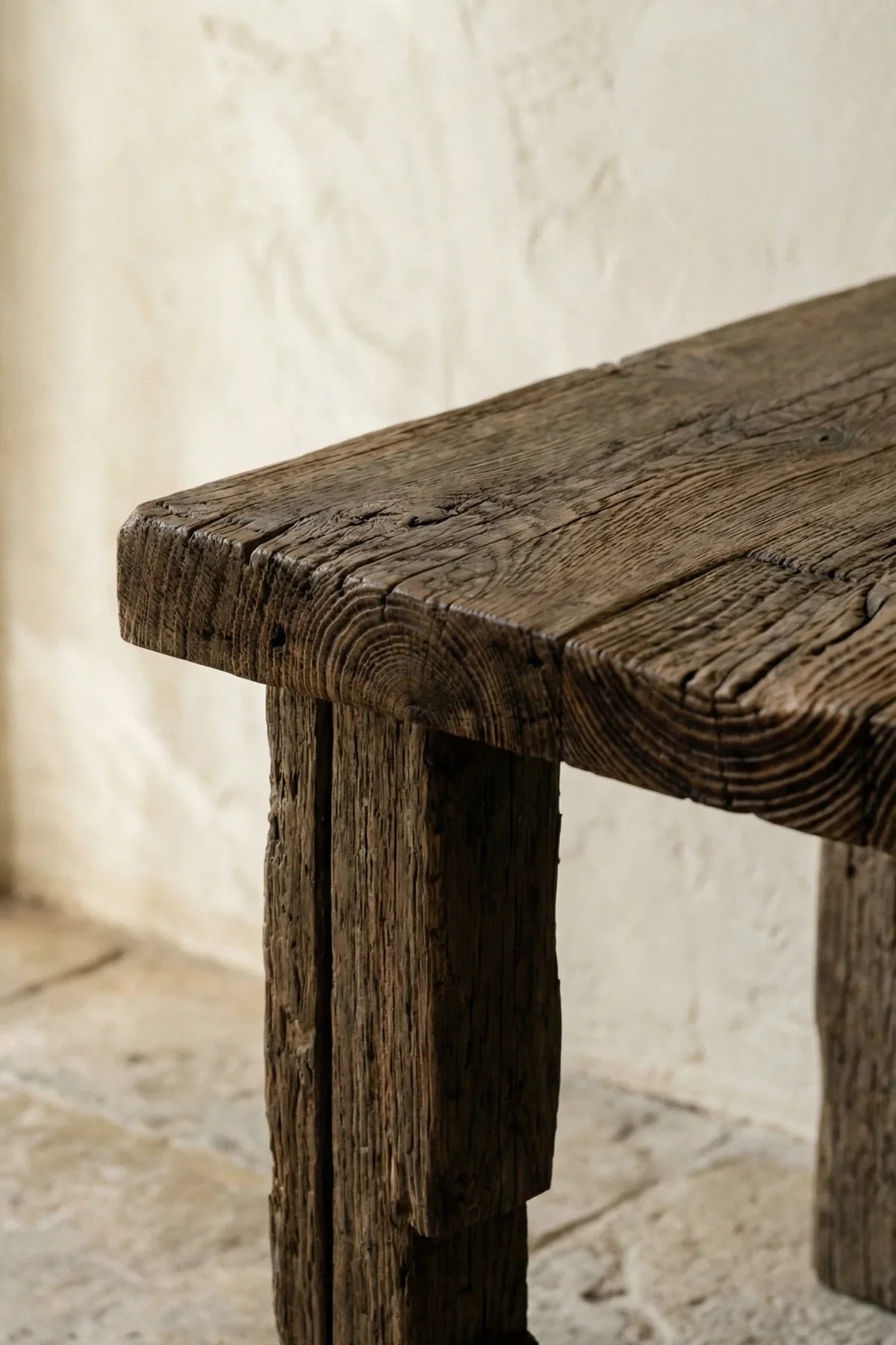 Thick solid reclaimed oak block leg detail of the Ostia side table