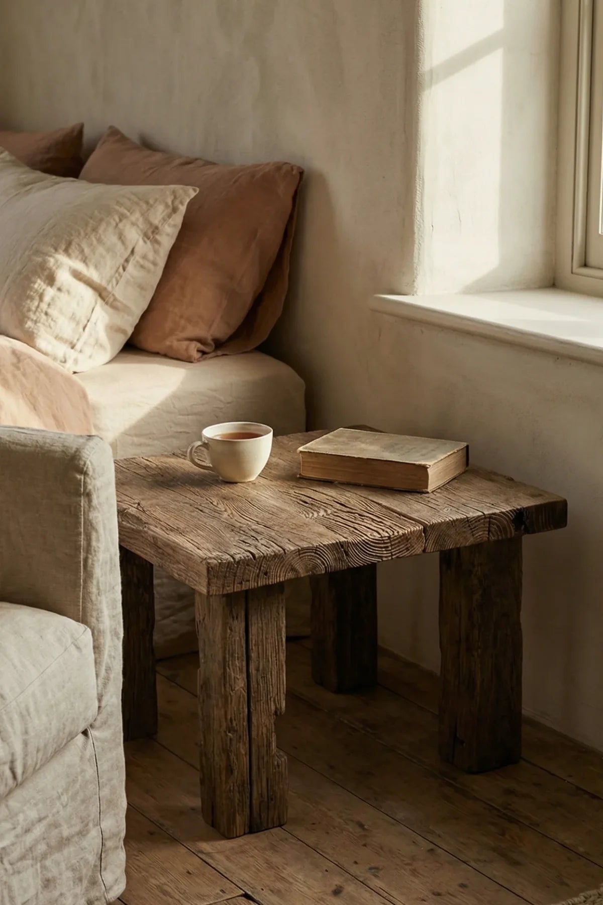 Ostia reclaimed oak side table styled beside a sofa in an interior setting