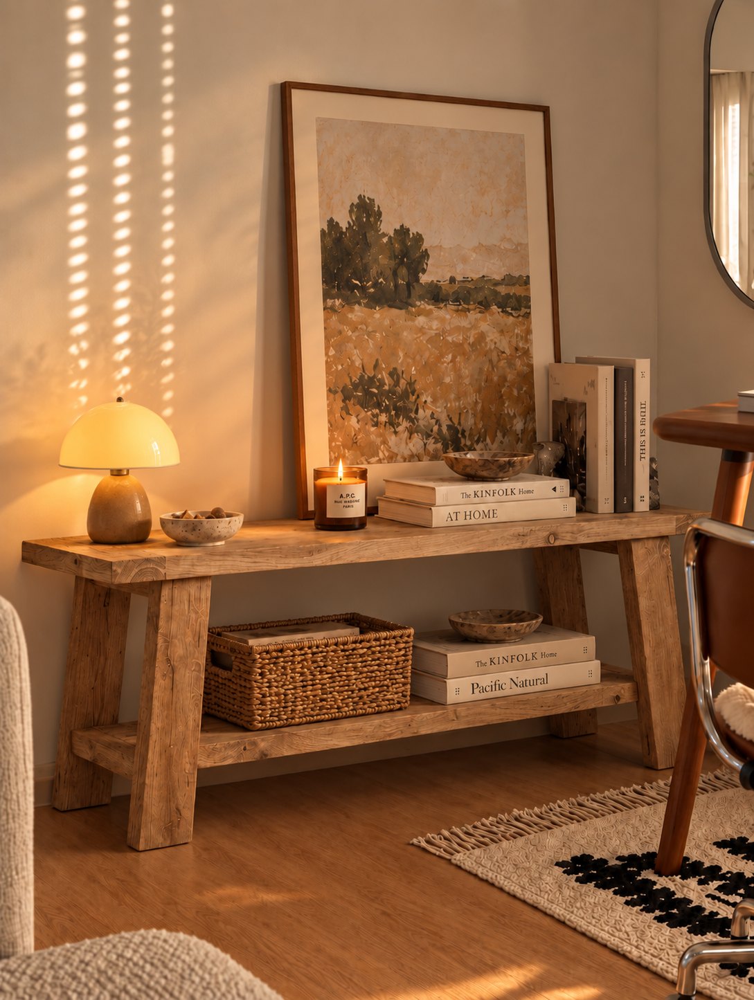 Panora Reclaimed Oak TV Unit – in a cosy living room with artwork