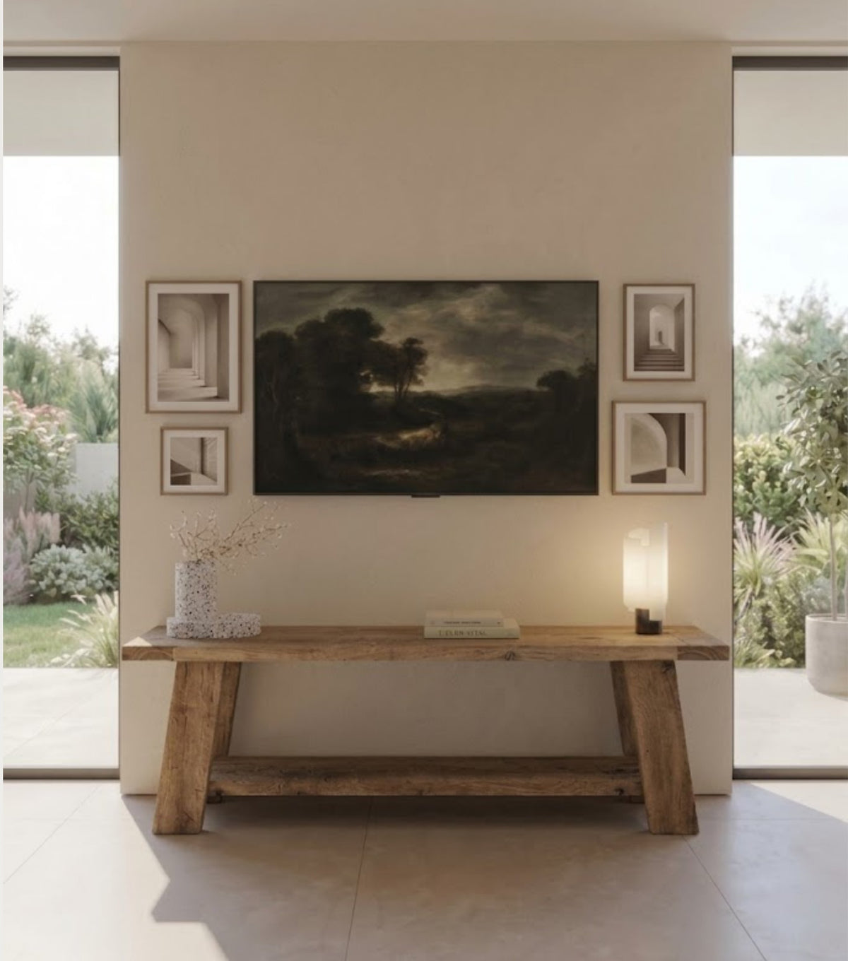 Panora Reclaimed Oak TV Unit – in a bright living room beneath a landscape painting