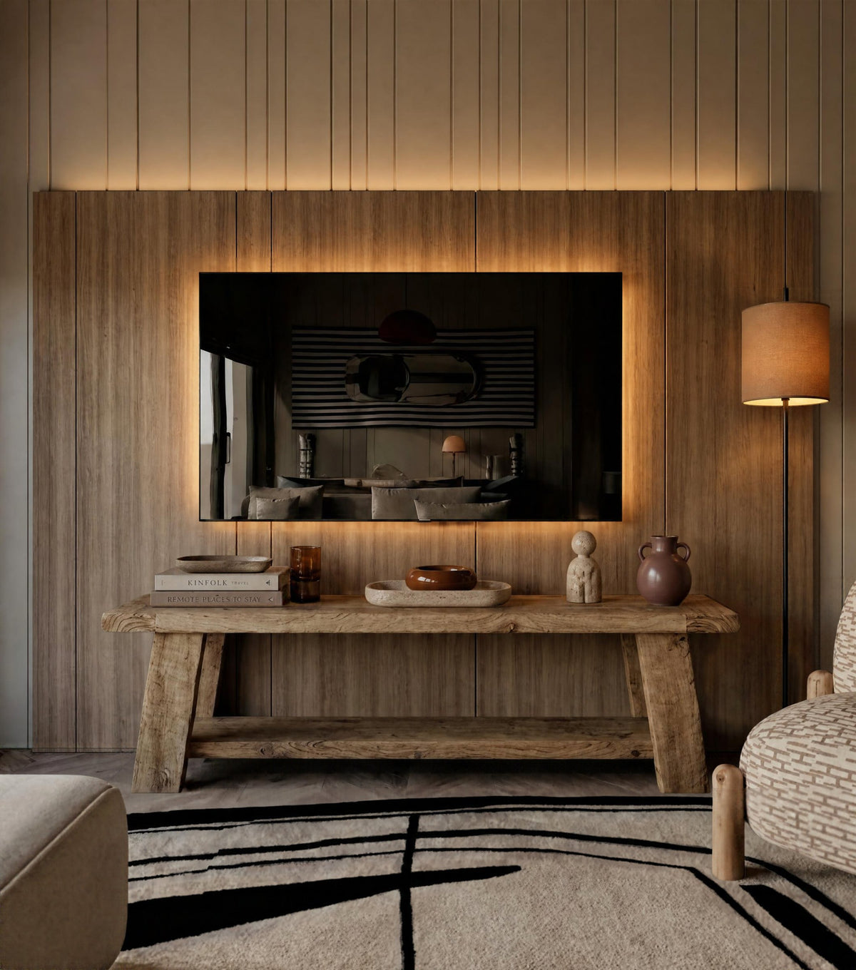 Panora Reclaimed Oak TV Unit – beneath a wall-mounted TV with wood panelling