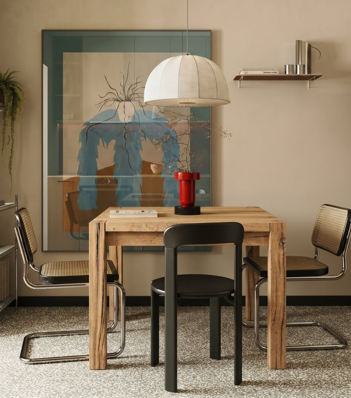 Patina Reclaimed Oak Dining Table – with a black chair beneath a fabric pendant light