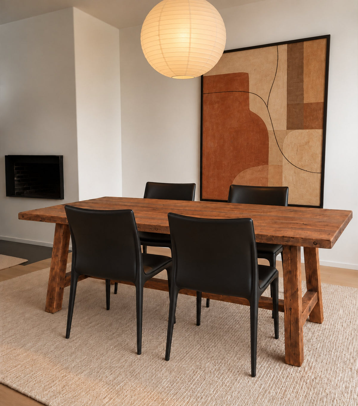 Perlas Reclaimed Oak Dining Table – with black leather chairs and a paper lantern