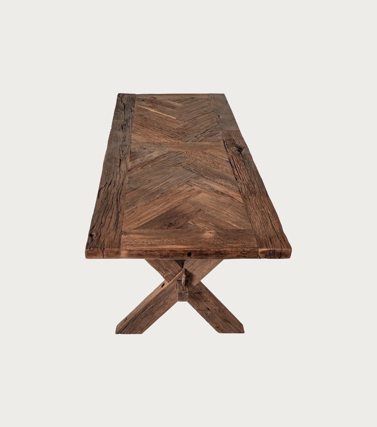 Petra Reclaimed Oak Herringbone Dining Table – end view from above showing the herringbone top