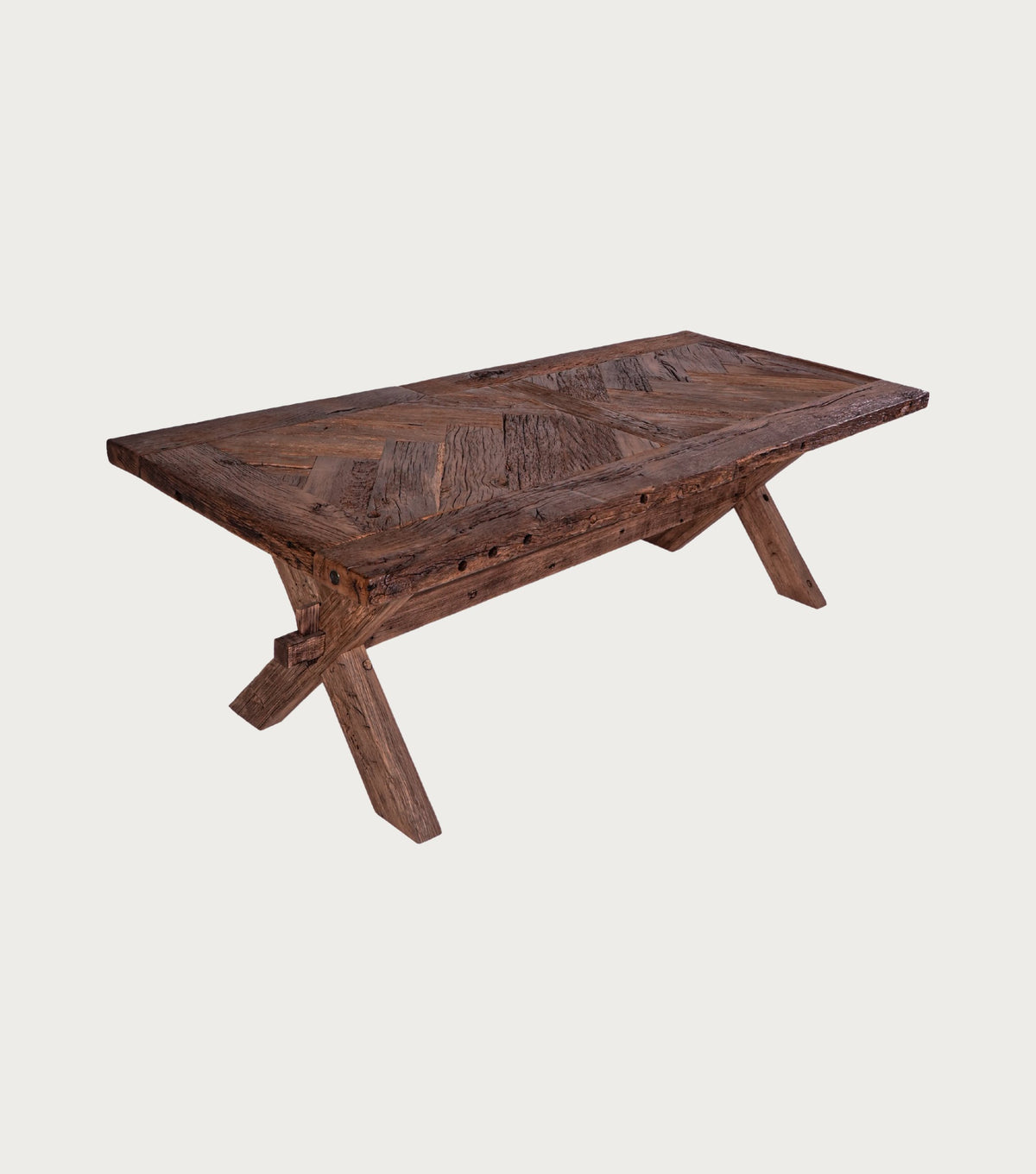 Petra Reclaimed Oak Herringbone Dining Table – angled view from above