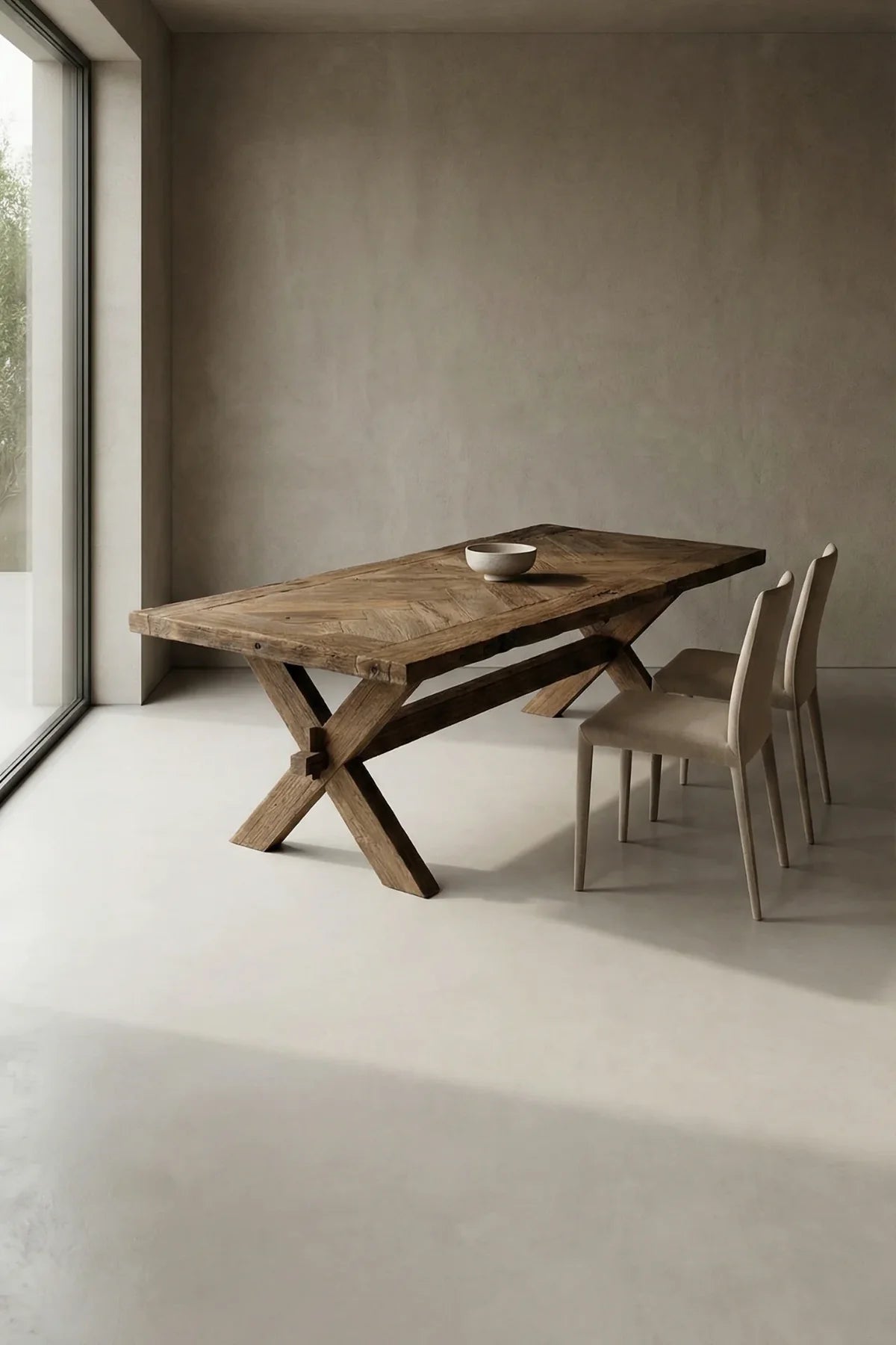 Side profile of the Petra reclaimed oak dining table showing leg and apron construction