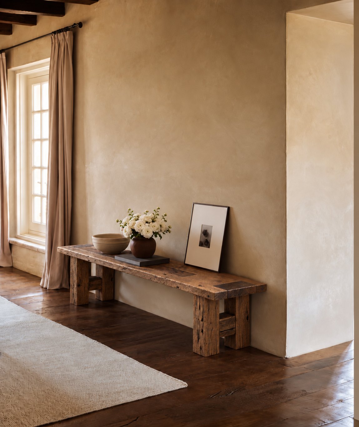 Plank Reclaimed Oak Bench – in a hallway with flowers and artwork