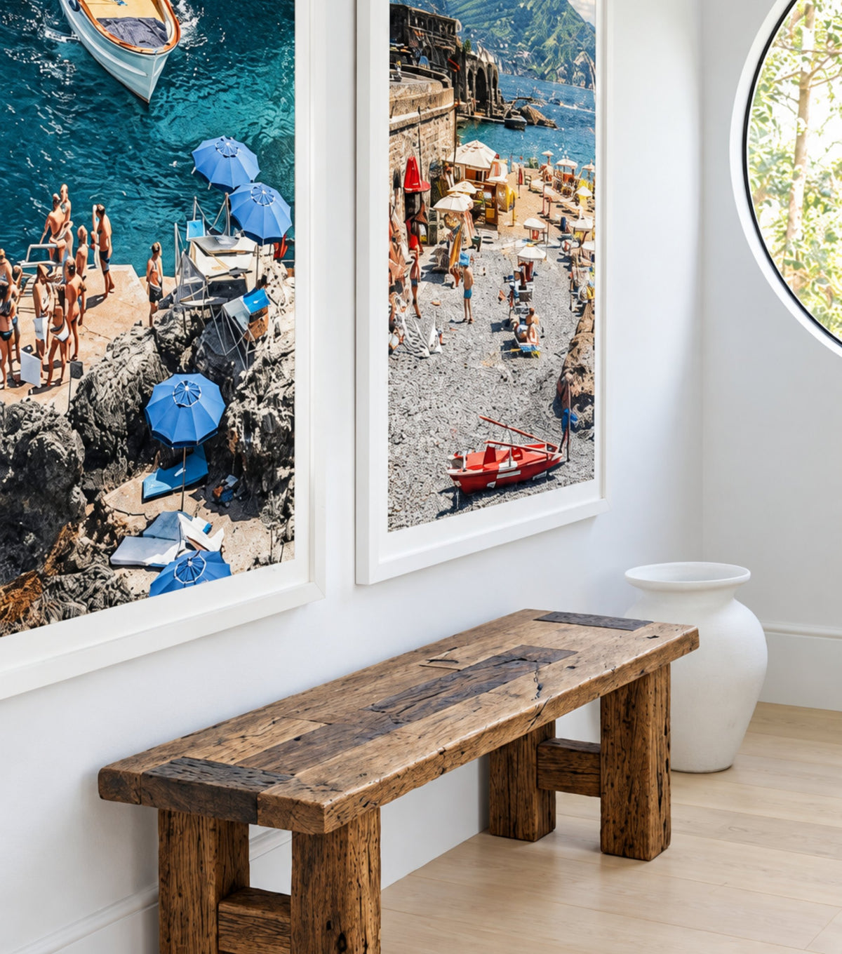 Plank Reclaimed Oak Bench – beneath coastal artwork in a white room