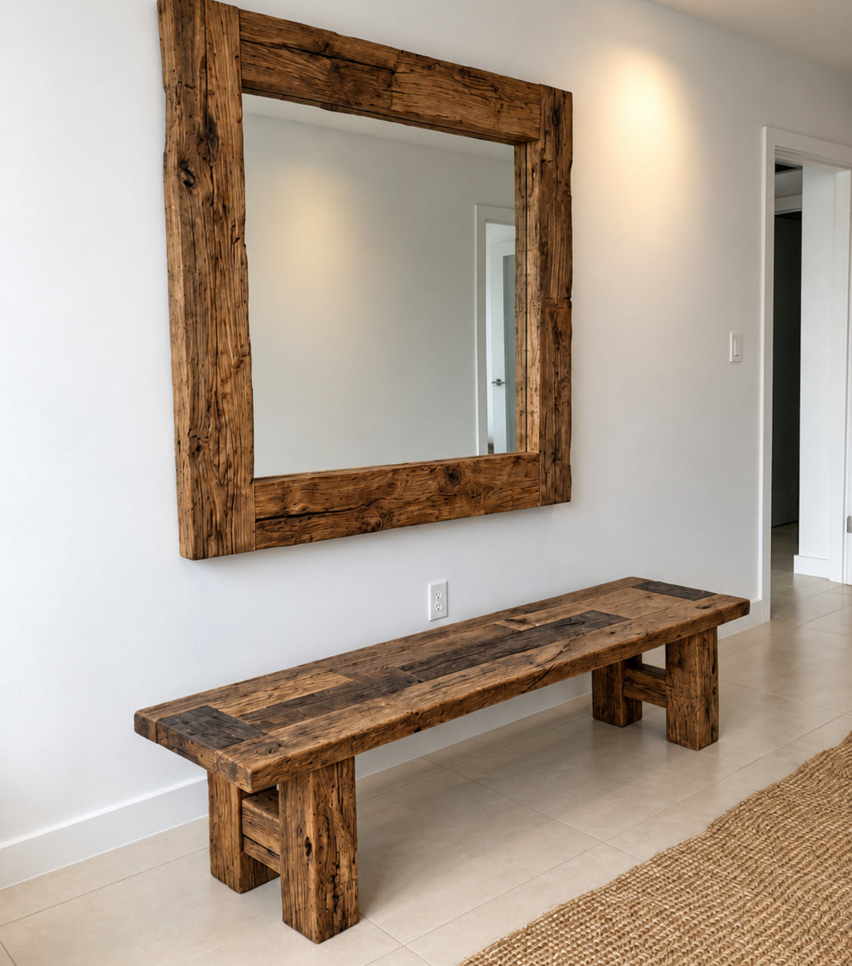 Plank Reclaimed Oak Bench – in a hallway beneath a reclaimed wood mirror