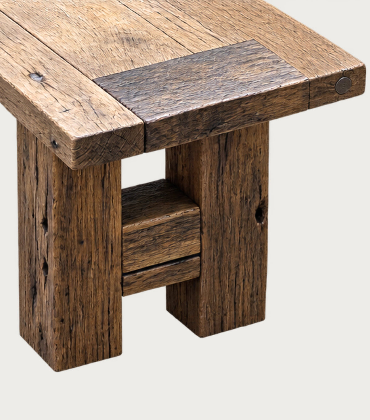 Plank Reclaimed Oak Bench – detail of the pieced seat and H-frame leg