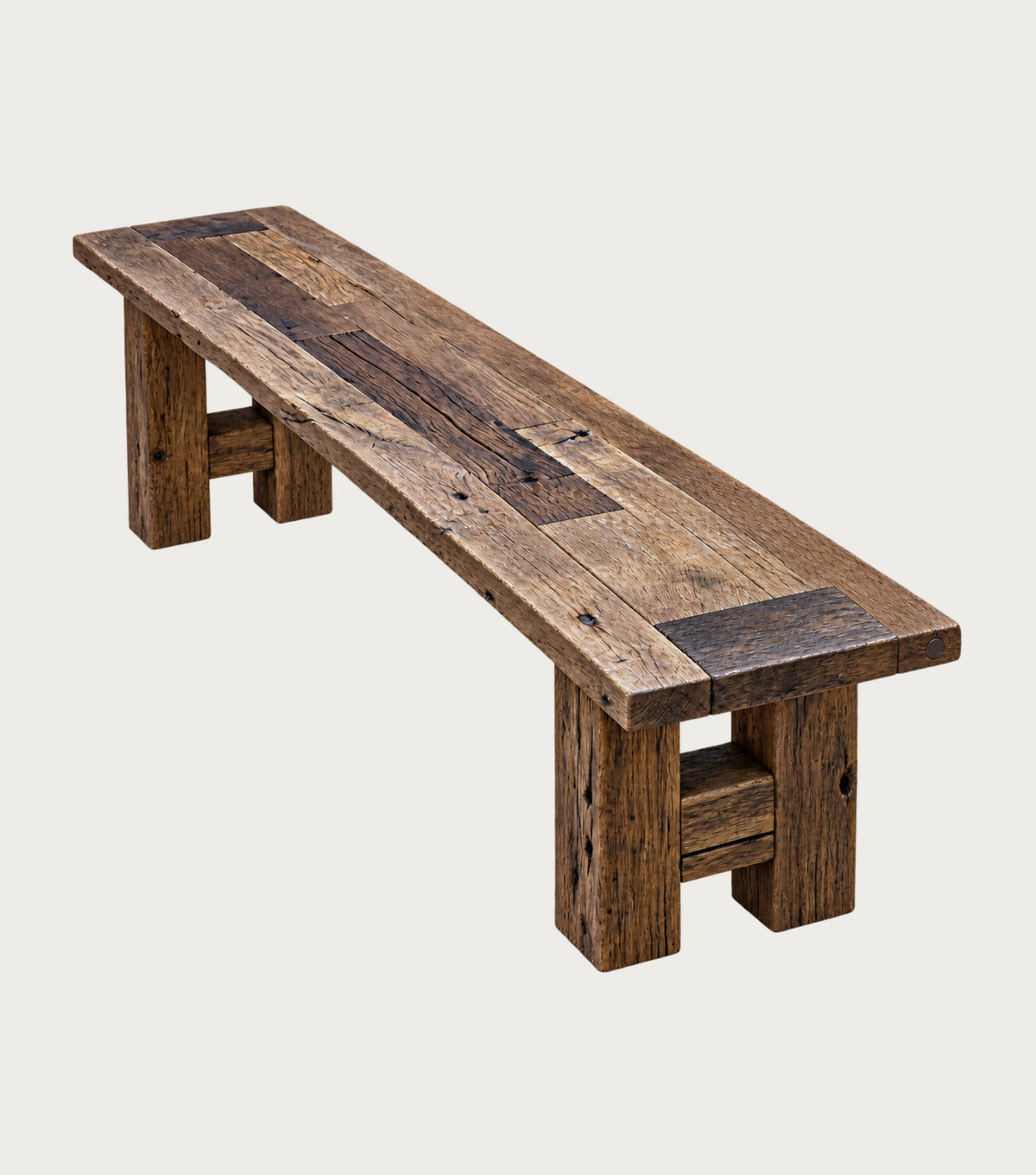 Plank Reclaimed Oak Bench – three-quarter view