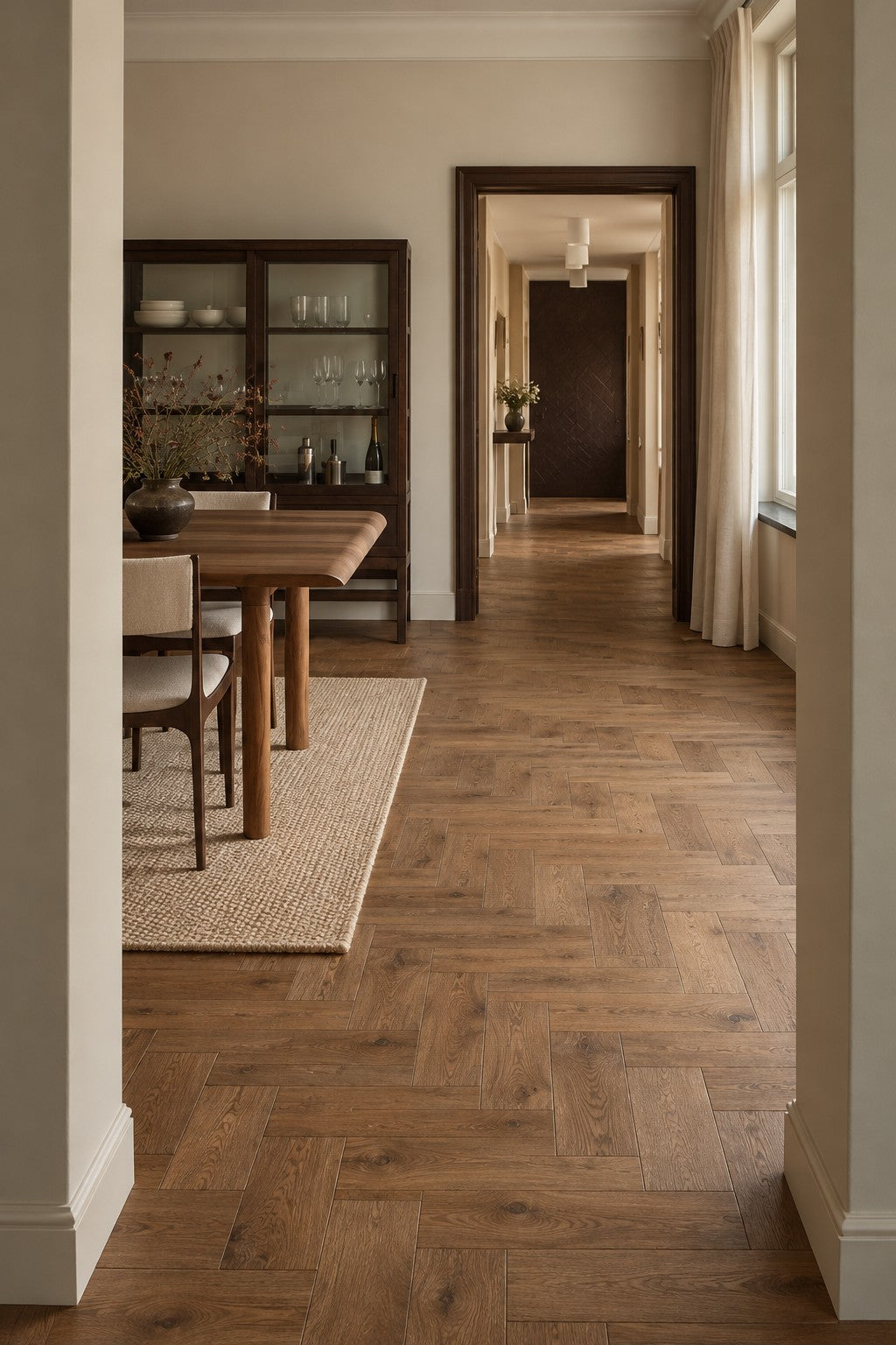 Reclaimed Wood Herringbone Parquet Flooring – oak herringbone in a long hallway and dining room