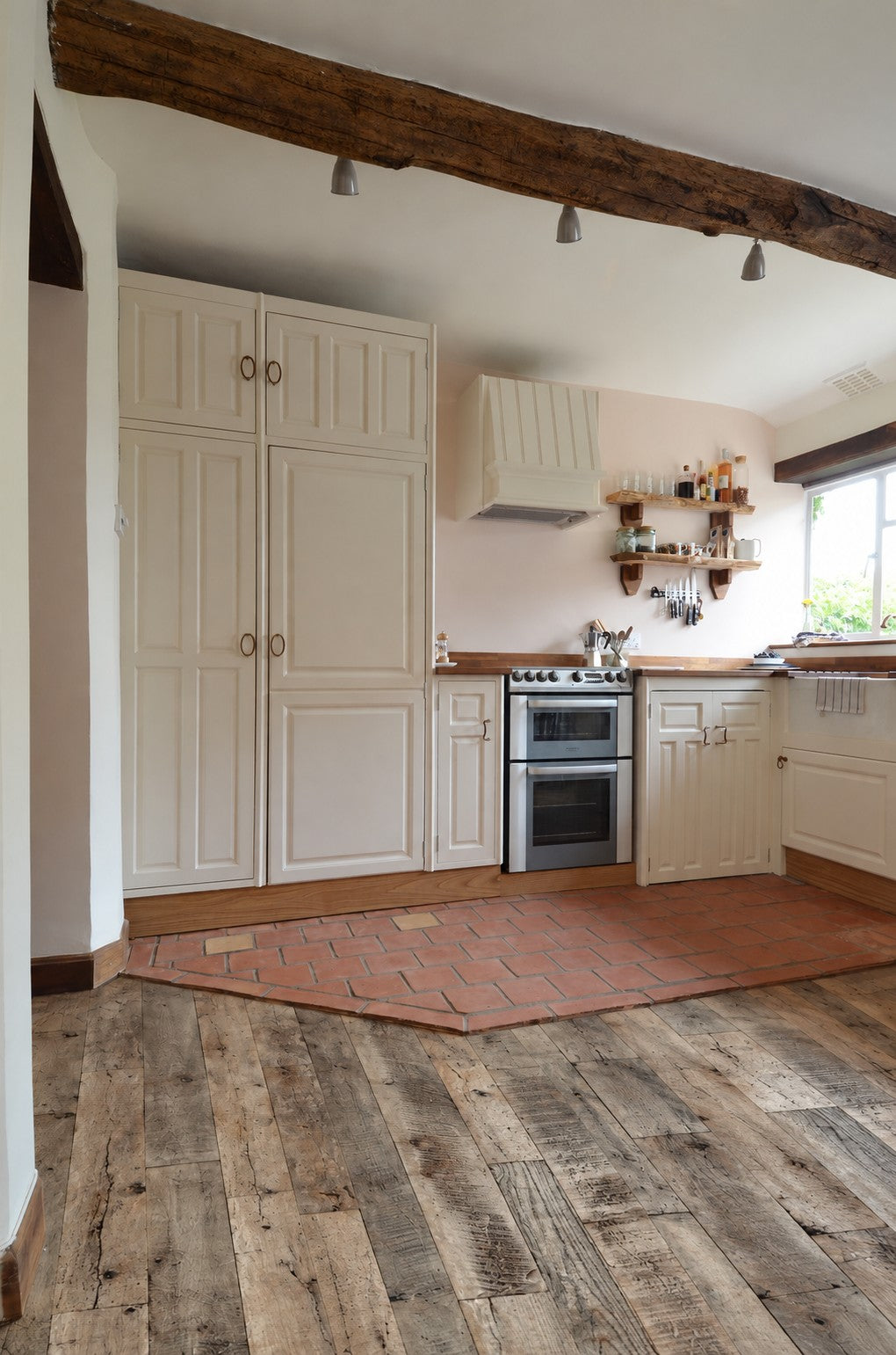 Reclaimed Wood Plank Parquet Flooring – in a farmhouse kitchen, original patina oak planks