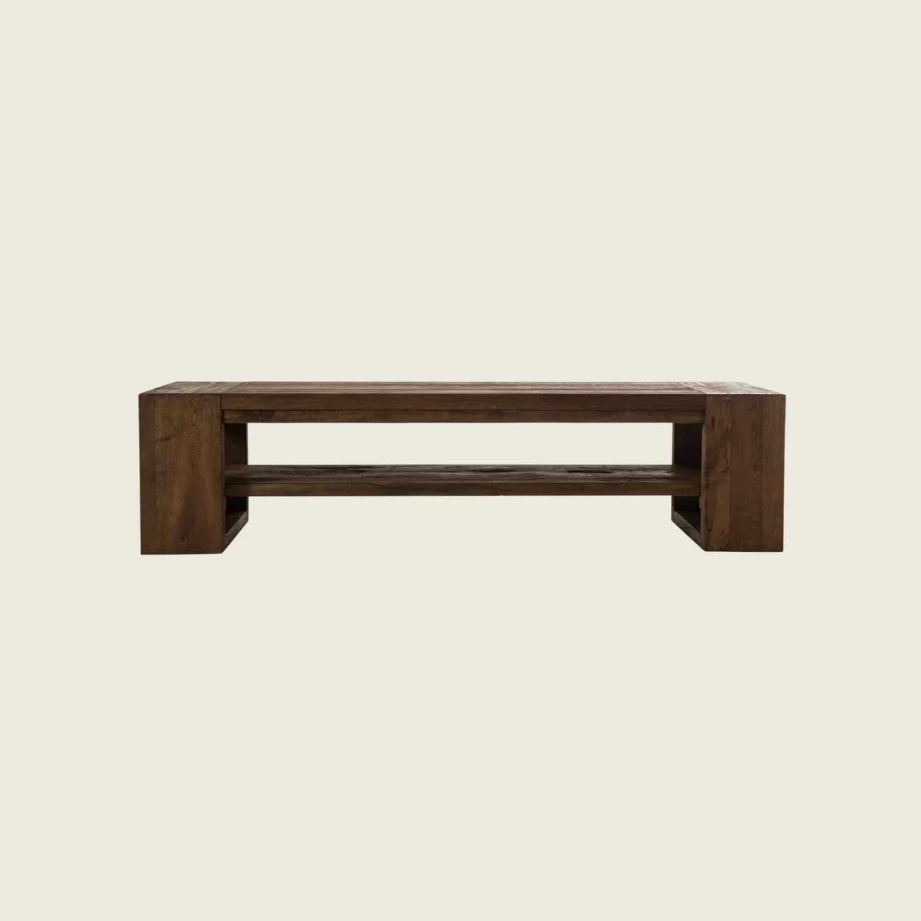 Romeo reclaimed oak TV unit — front render showing deep-brushed surface and structural beam body
