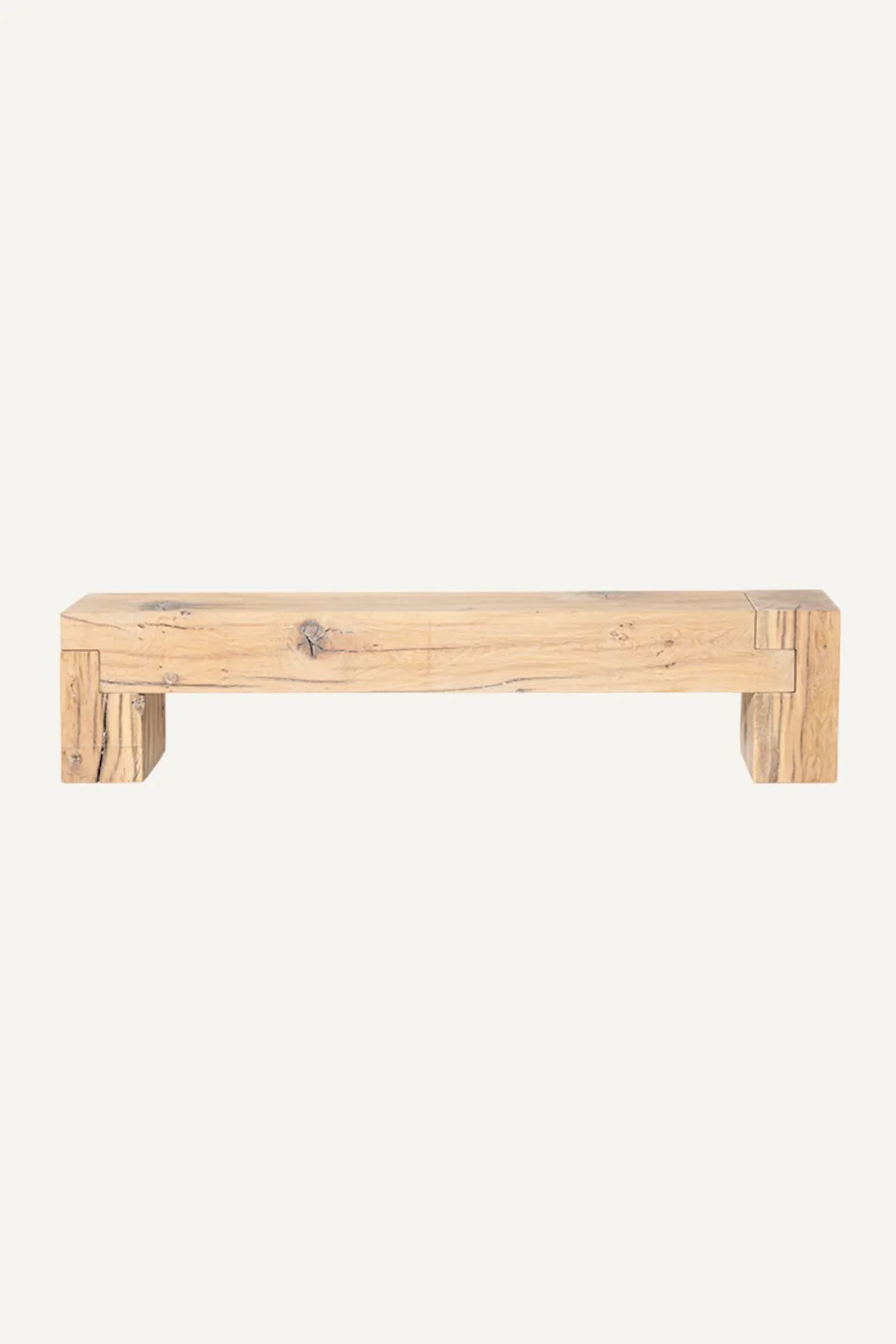 Sable bench — front render showing solid reclaimed oak plank seat and block legs
